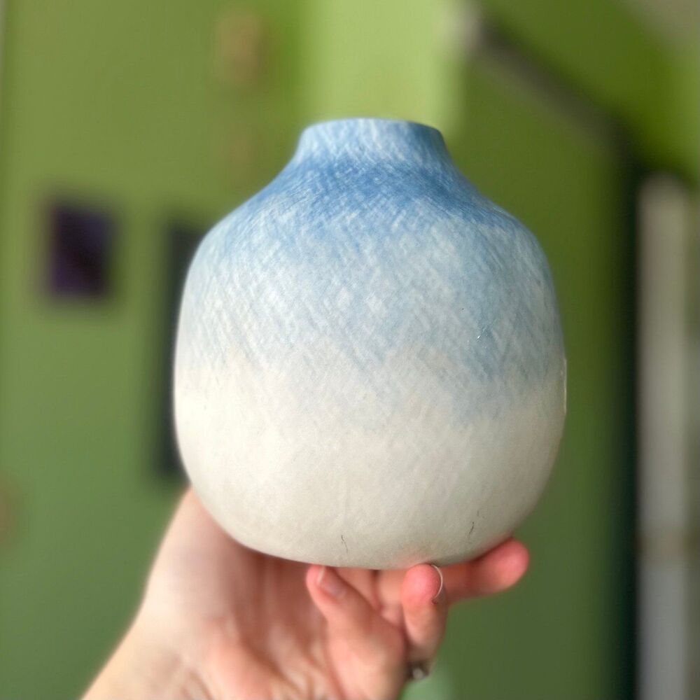 Bohemian Eclectic Unique Blue + Cream Pottery Indoor Vase Accent Decor Piece - Picture 4 of 10